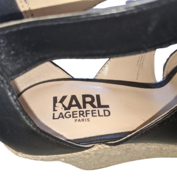 KARL LAGERFELD Black and Tan Wedge Platform Sandals Size 6 NEW NWOT - Picture 5 of 8
